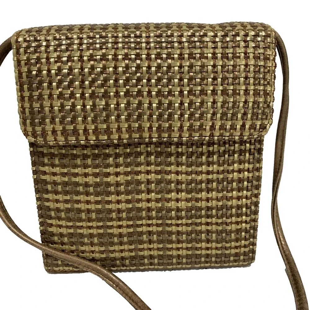 Vintage Mid Century Box Style Purse Shoulder Bag Brown Gold Woven Elegant Chic